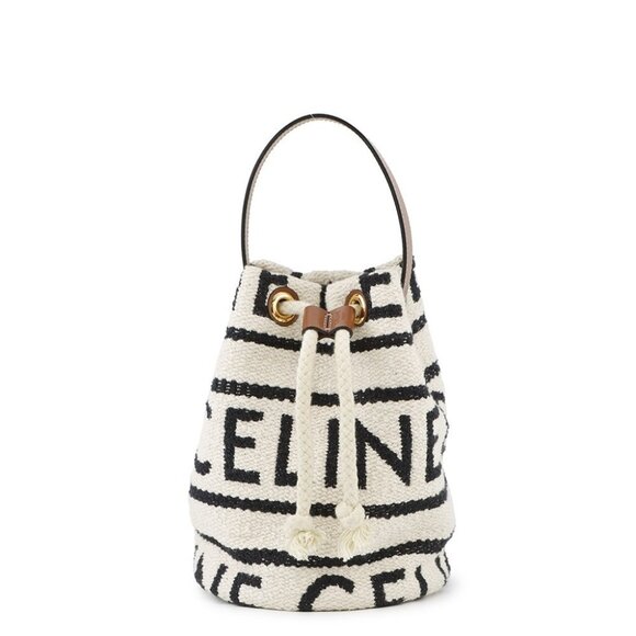CELINE Teen Drawstring Handbag Cotton/Calf Leather Brown/White/Black 196532E - Picture 1 of 11